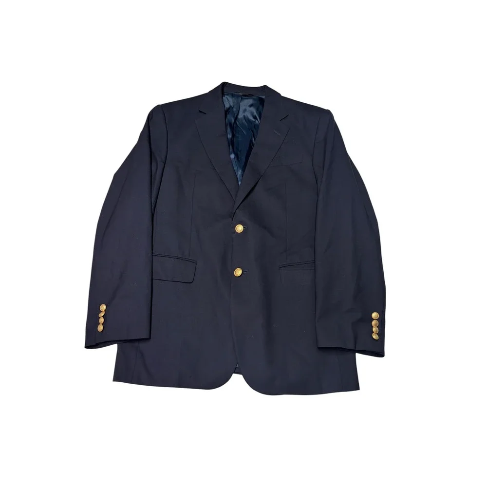 Jos A Bank Mens Navy Blue 100% Wool‎ Blazer Gold Crest Buttons 39R Sport Coat